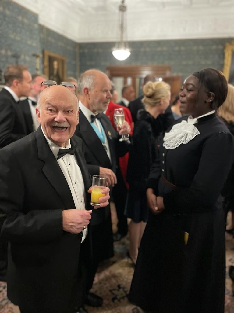 Good humour at the reception — an Old Blue with Maddie Loveless, Senior Grecian